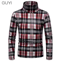 GUYI 3 цвета в клетку Свитеры с высоким воротом Для мужчин установлен с длинным рукавом толстые пуловеры Мужская Мода Smart Повседневное
