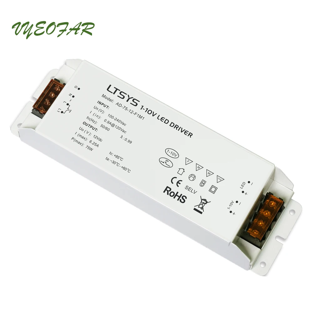 

LTECH 0-10V / 1-10V Led dimming driver;AC100-240V input 12V 75W output ;AD-75-12-F1M1;CV Constant Voltage Led Dimmable Driver