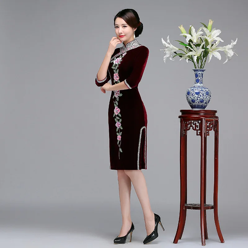 Цветочный бисерный китайский женский элегантный Cheongsam Осень Зима бархатное вечернее платье оверсайз 3XL 4XL Vestidos Винтаж Qipao