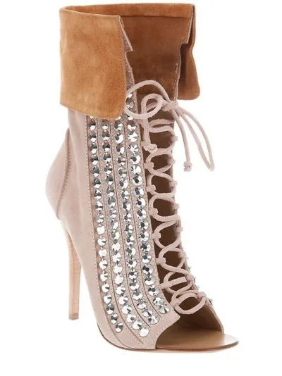 

Hottest Lace-up Crystal Thin Heel shoes woman Name Brand Celebrity Suede Peep Toe Short Boots for Party Lady Love Size 10 Drop S