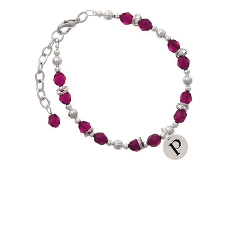 Silvertone Disc 1/2'' Initial - p - Magenta Beaded Bracelet