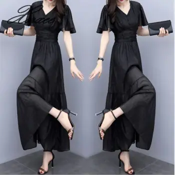 

Black short-sleeved dress 2020 summer new women's long section v-neck waist slimming chiffon
