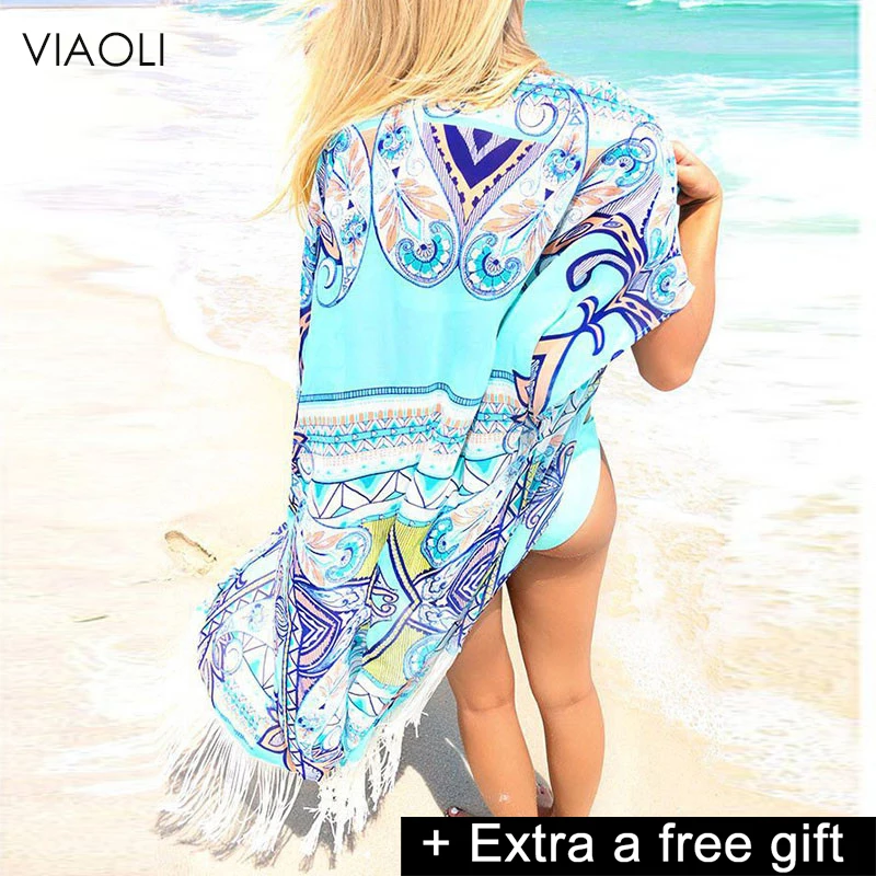 VIAOLI New Chiffon Beach Cover Up Long Tassel Beach Cardigan Feminino Swim suit Printed Bathing Suit Cover Ups Pareo Beach Tunic - Цвет: photo