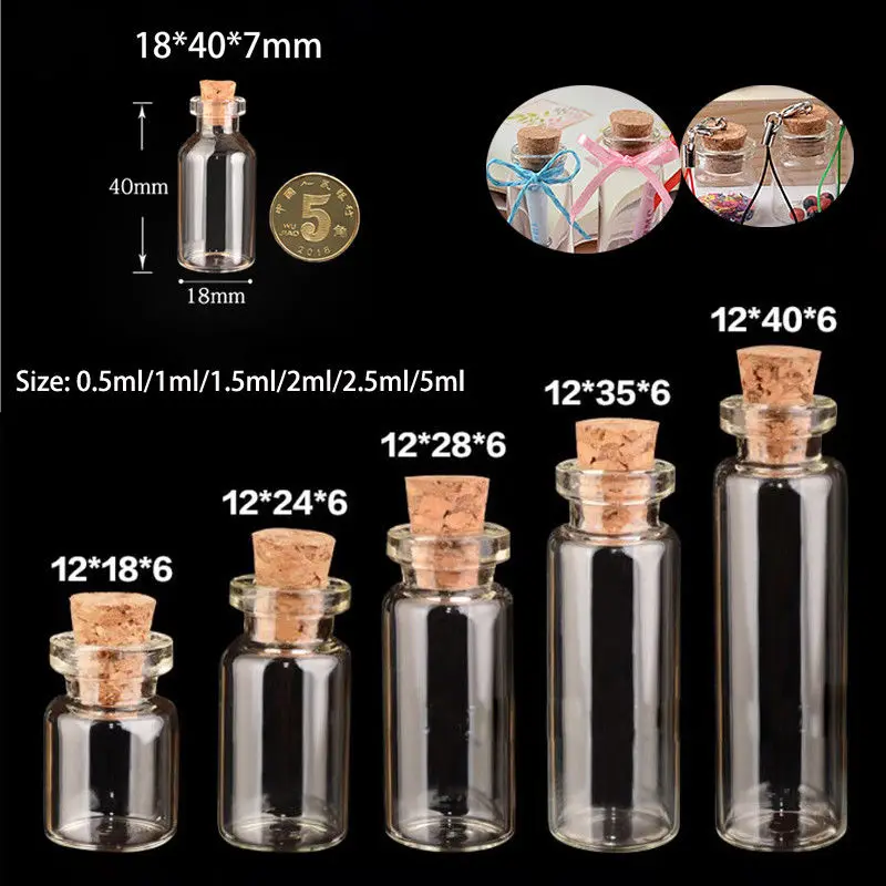 

100pcs 0.5ml/1ml/2ml/5ml Small Bottle Glass Jars Decor DIY Clear Containers Mini Massage Vials Ornaments Cork Stopper Mason Pots