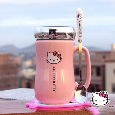

Cartoon Hello Kitty Ceramic Water Bottles Lady Girl 430ML Water Kettle Mug With Cup Mat Spoon Lid Can Use As Mirror