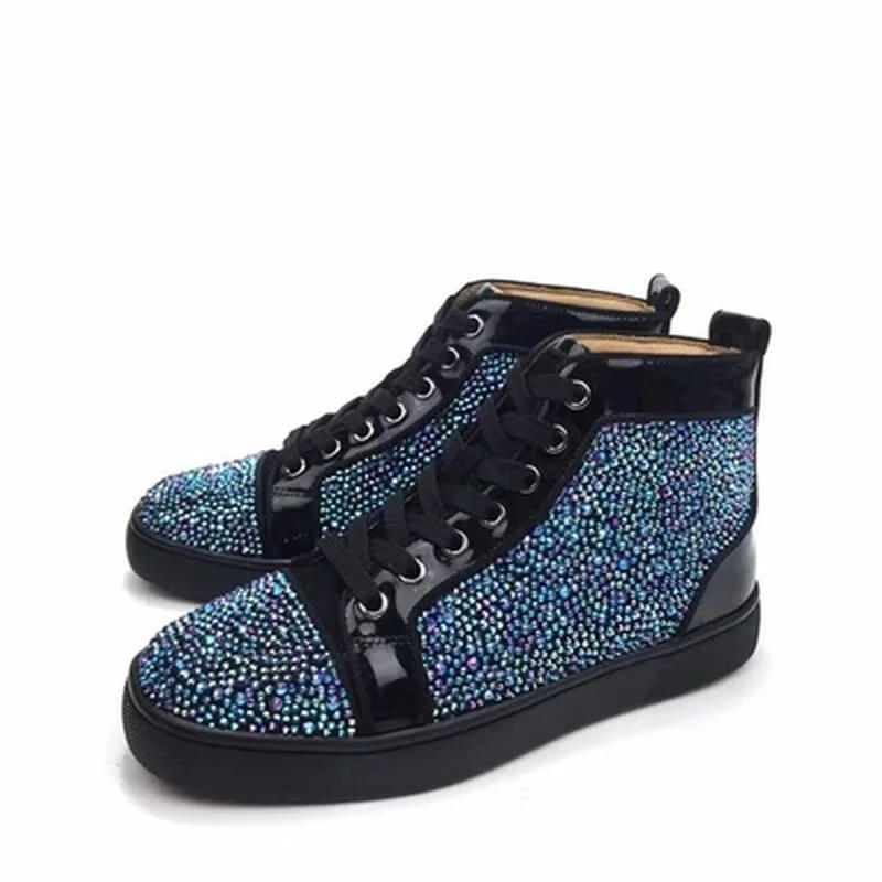 

Black Patent Leather Men Shoes Blue Blingbling Diamond High Quality Red Bottom Sneakers Leather Loafers 2018 Footwear