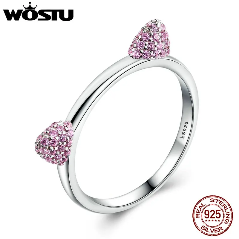 

WOSTU Hot Sale 925 Sterling Silver The Pink Cat's Ear Cute Ring For Women Real S925 Rings Fine Jewelry Gift CQR036