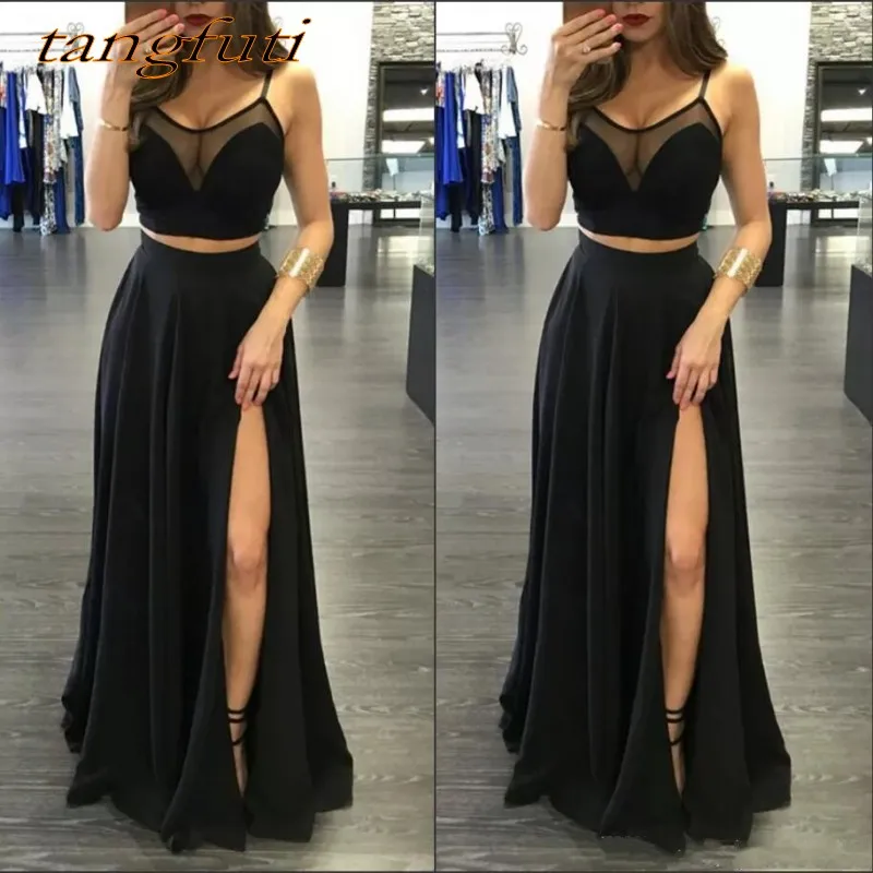 

Black Satin Long Prom Dresses Sexy Spaghetti Straps Illusion Two 2 Pieces Split Evening Party Prom Dress Gowns Wear On Sale