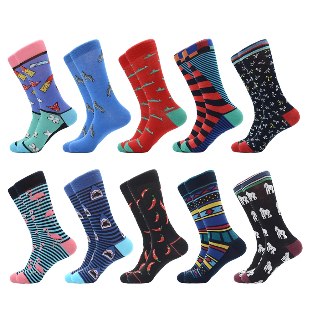 

Jhouson 1 pair Fashion Colorful Men's Combed Cotton Wedding Socks Flamingo Shark Chili Pattern Novelty Casual Funny Socks Gifts