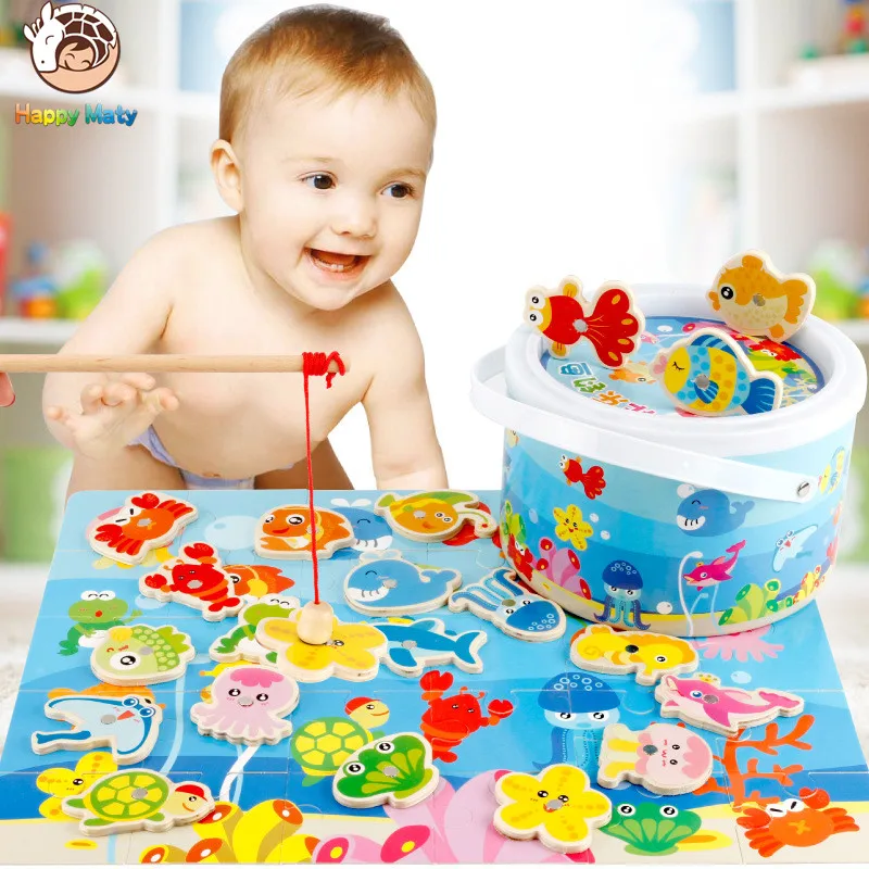 Children 3D Magnetic Fishing Puzzle  Wooden Toys Cartoon Animals Traffic Jigsaw Tangram Kids Educational Toy for Children