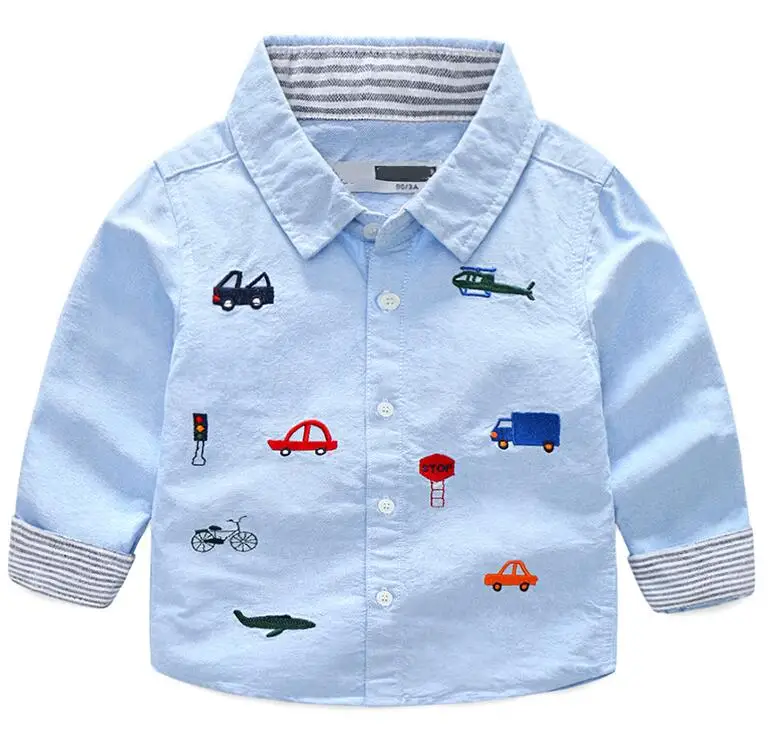 Новое поступление мальчики полосатая рубашка из хлопка детская одежда с длинными рукавами и принтом в виде героев мультфильмов, расшитая Автомобили детские блузки, рубашки для мальчиков - Цвет: Синий
