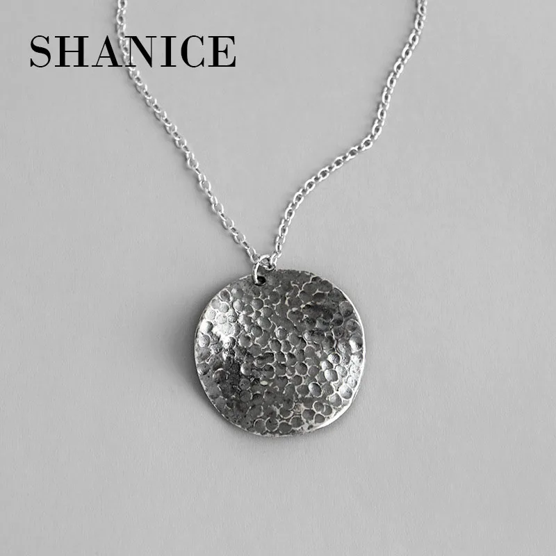 

SHANICE Retro Women Real 925 Sterling Necklaces Pendants Old Concave Surface Hammer Pattern Round Tag Vintage Style Jewelry