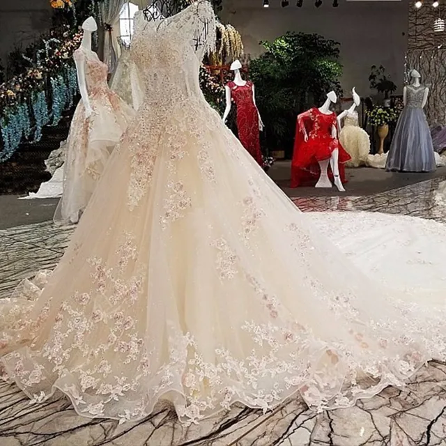 Backlake Vestido de noiva casamento see through back cap sleeves lace ball gown toyal train