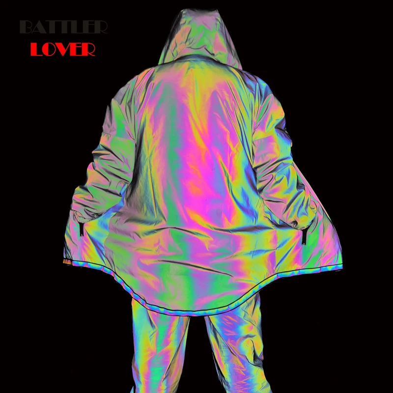 

Men's M Reflective Jackets Colorful Long Reflective Jackets Casual Windbreaker Men Waterproof Jacket Coat For Male Punk Hip Hop