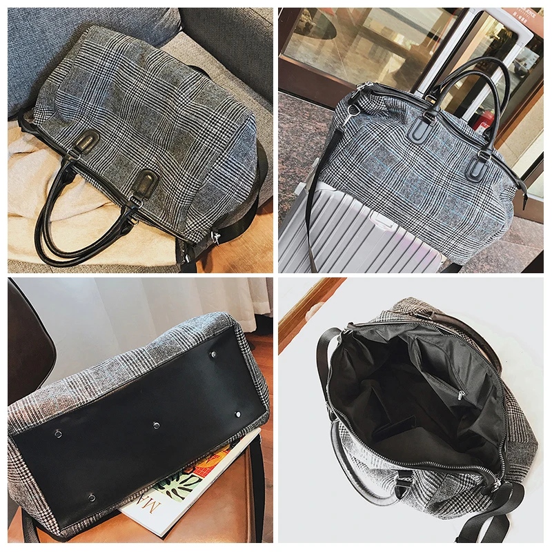 Short-distance Travel Bag Female Handbag Wool Large Capacity Waterproof Men Diagonal Fitness Bag Black Plaid Pattern Duffel Bag