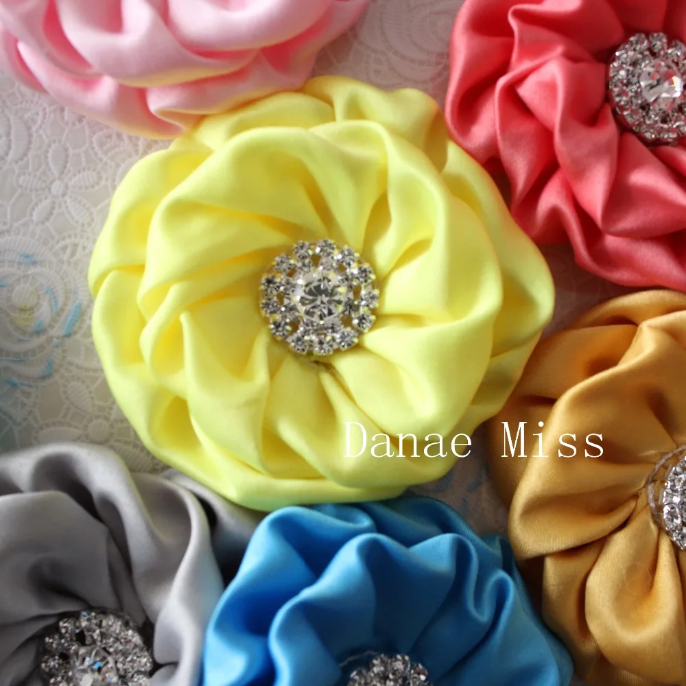 

Matte Satin Rolled Flower rhinestone center Rose Flower for headband 7-7.5cm 500pcs