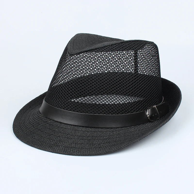 Male Large Size Straw Hats Summer Cool Mesh Panama Hat Big Head Man Plus Size Fedora Hat 58cm 60cm - Цвет: Black