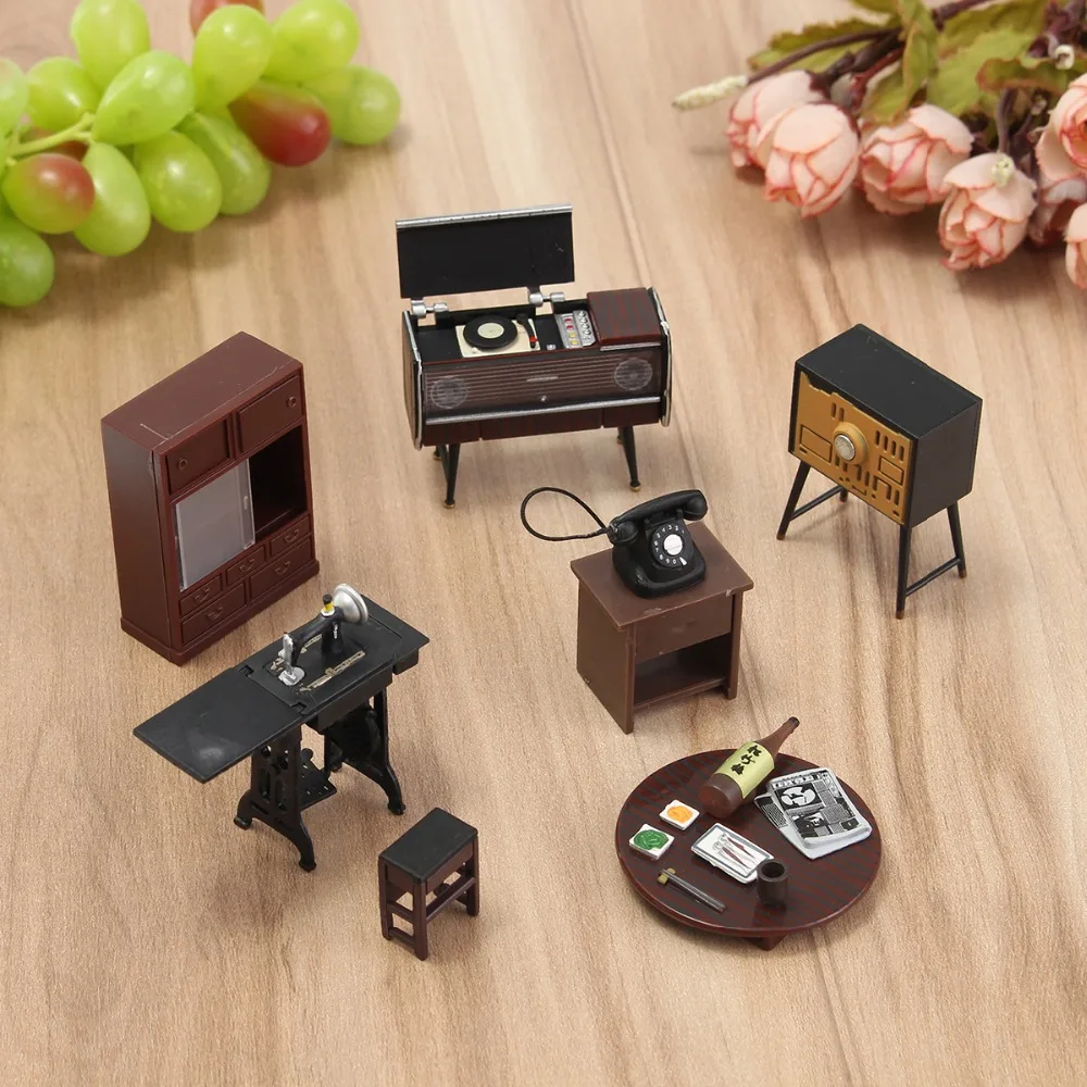 

JIMITU 7pcs/set Wooden DIY 1:12 Simulation Miniature Dollhouse Furniture Mini Furniture Set For Children Dolls house Accessories