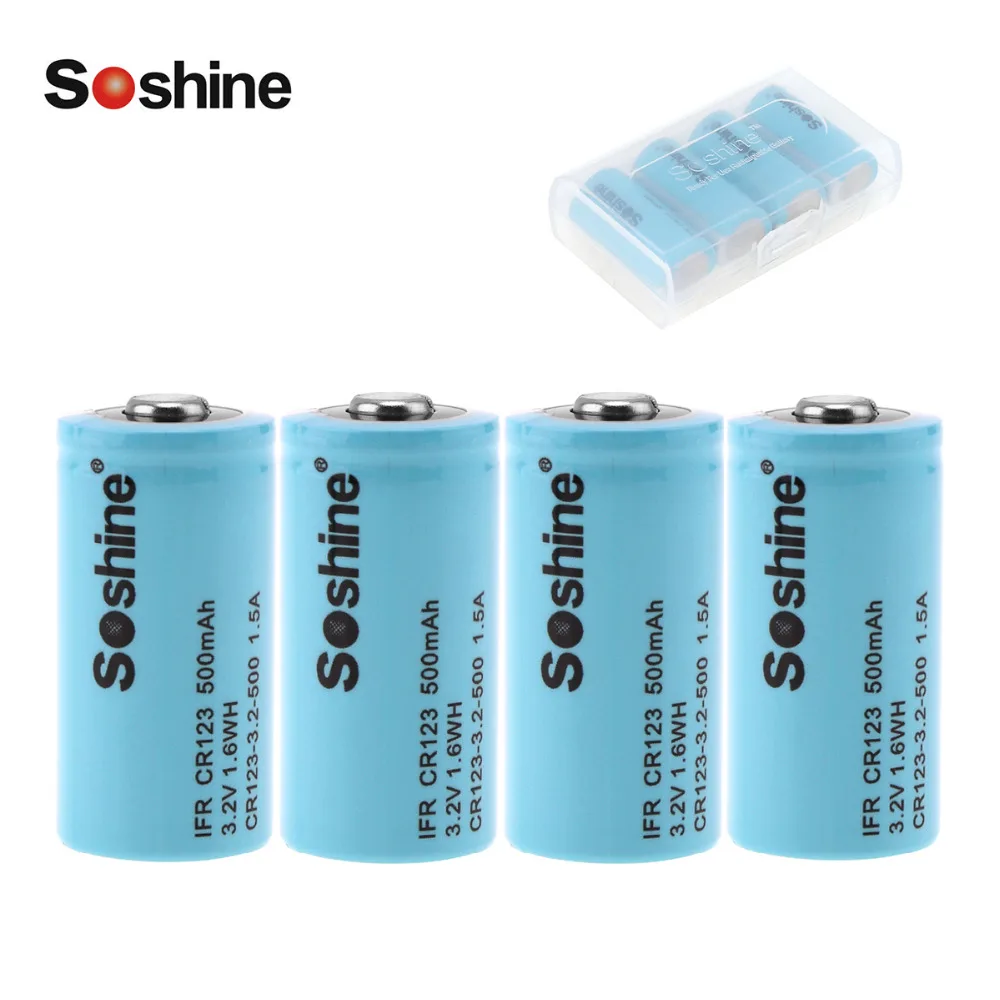 4pcs/set Soshine IFR CR123 3.2V 500mAh LiFePO4 Rechargable Battery + Battery Box for Flashlight / Headlamp / Camera