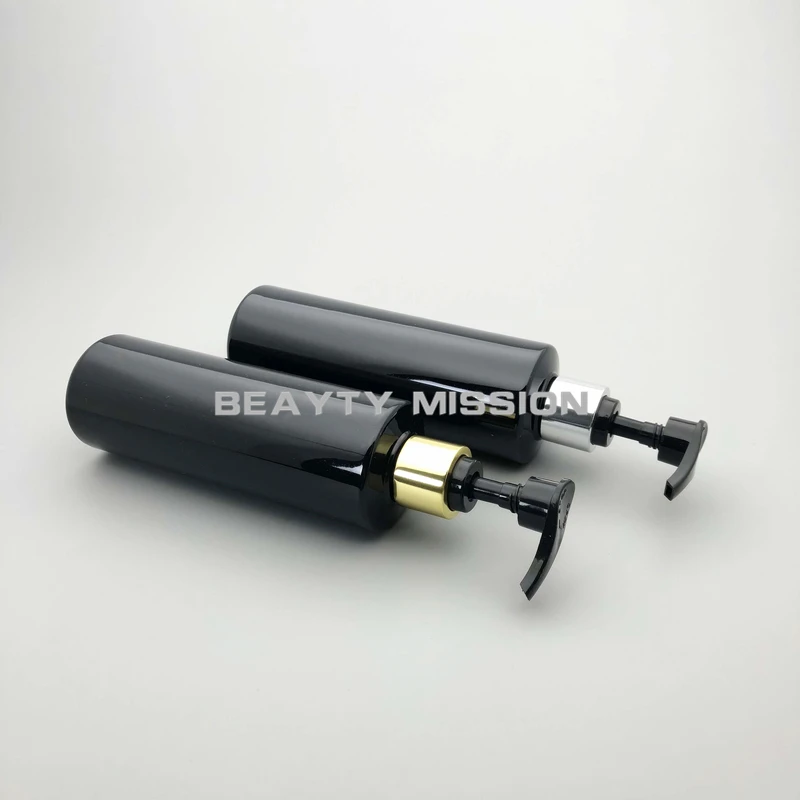 

BEAUTY MISSION 250ml 24pcs/lot Empty Black gold/silver collar screw shampoo lotion pump plastic black cosmetic packaging bottles