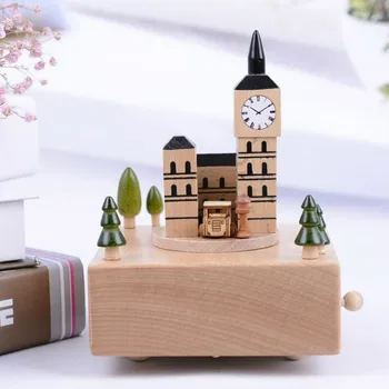 

Big Ben Rotating Wooden Clockwork Square Base Music Box Imported Movement Home Furnishings Crafts Birthday Gift