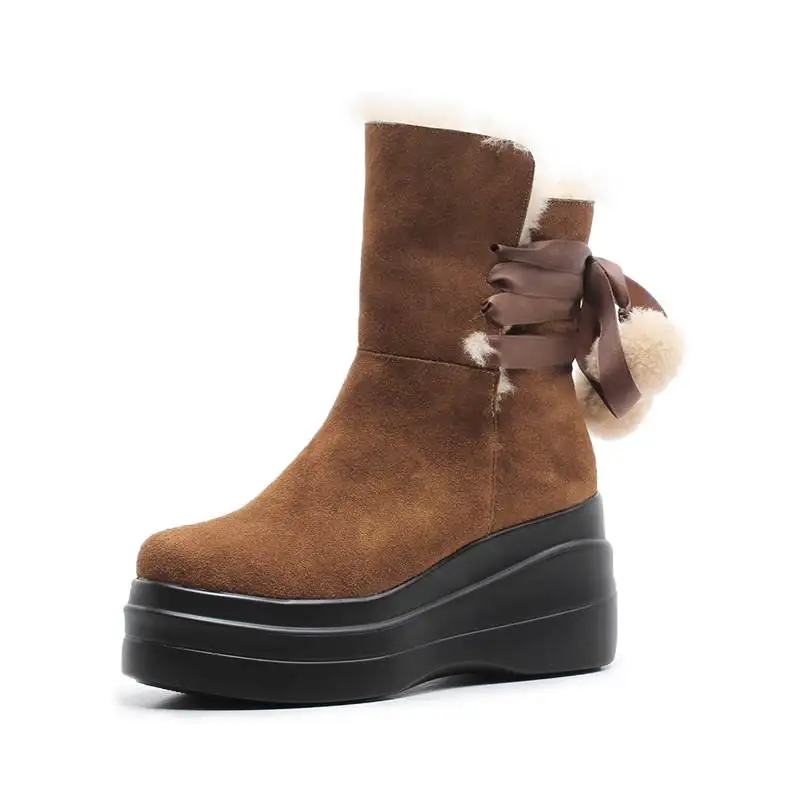 De Cruz Botas Cuñas Vaca Redonda 2018 Negro Mujeres Atado Para Nieve Moda Las brown Gamuza Tobillo Plataforma Cuero Invierno Memunia Punta BYwOq1EE