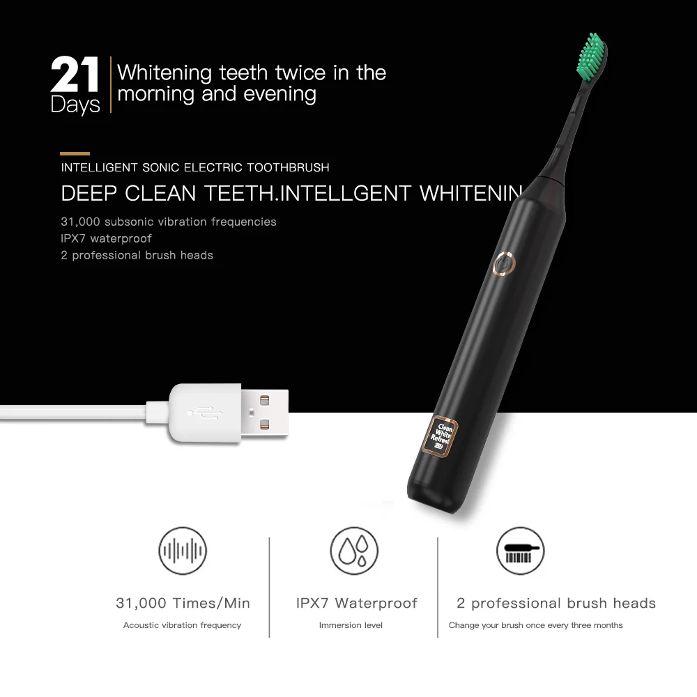 AZDENT, ЖК-дисплей, электрическая зубная щетка, USB перезаряжаемая звуковая волна, черно-белая отбеливающая щетка для зубов, 3 режима, водонепроницаемая