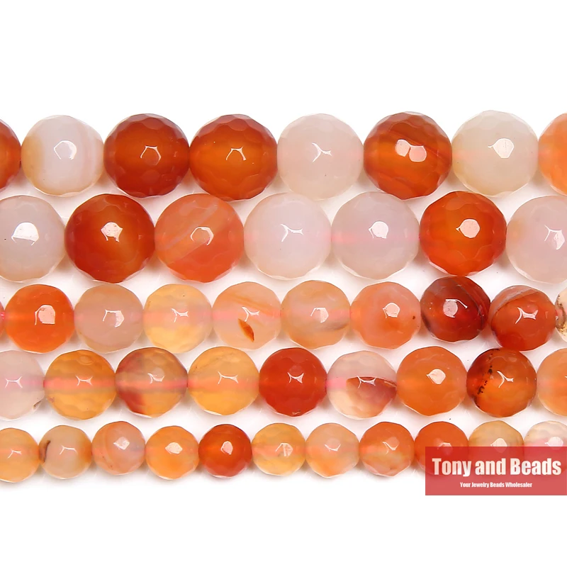 

Free Shipping 15" Natural Stone Faceted Orange Red Agates Round Loose Beads 6 8 10 12MM Pick Size For Jewelry Making