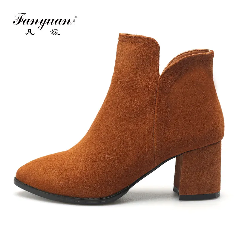 

Fanyuan Autumn/Winter Suede Ankle Boots Women High Heeled Elegant Pointed Toe Short Chelsea Boots Concise Zip botas Women Black