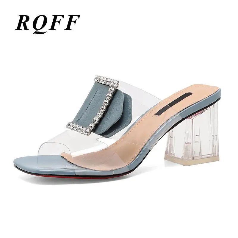 

RQFF 2019 New Arrival Pvc Jelly Shoes Party Slip-on Rubber Sheepskin Crystal Transparent Fashion Square Heel Sandals Beige Blue