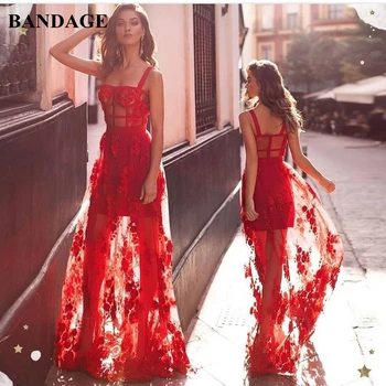 

Luxury Red Embroidery Bandage Gown Long Dress Sexy Perspective Elegant Spaghetti Strap Party Evening Vestido Ladies Dresses