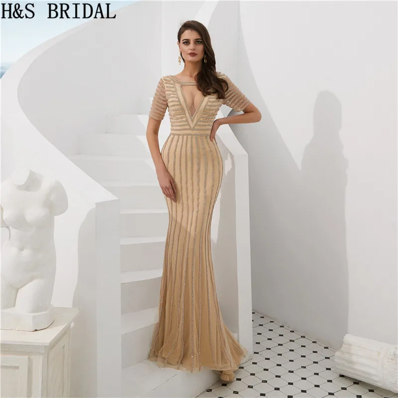 H&S Bridal Evening Dresses Long Short Sleeves Fitted Formal Dress Luxury 2019 Evening gown H&S Bridal Evening Dresses Long Short Sleeves Fitted Formal Dress Luxury 2019 Evening gown