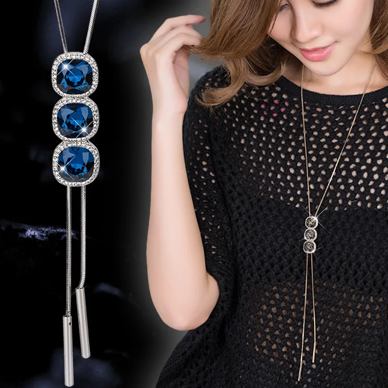 

BYSPT Zircon Blue Crystal Long Necklace Sweater Chain Fashion Pendant Necklace Women Jewelry Accessories
