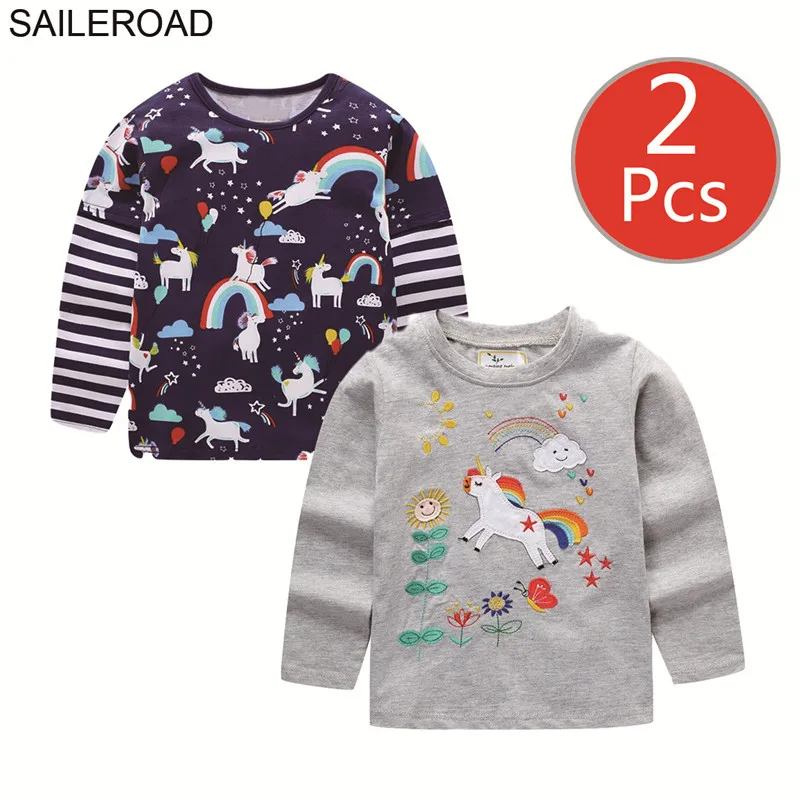 SAILEROAD 2Pcs Девушки с длинным рукавом рубашка единорога 7 лет Мальчики с длинным рукавом рубашки Хлопок Детские футболки для детской одежды - Цвет: 7024 7076 photo