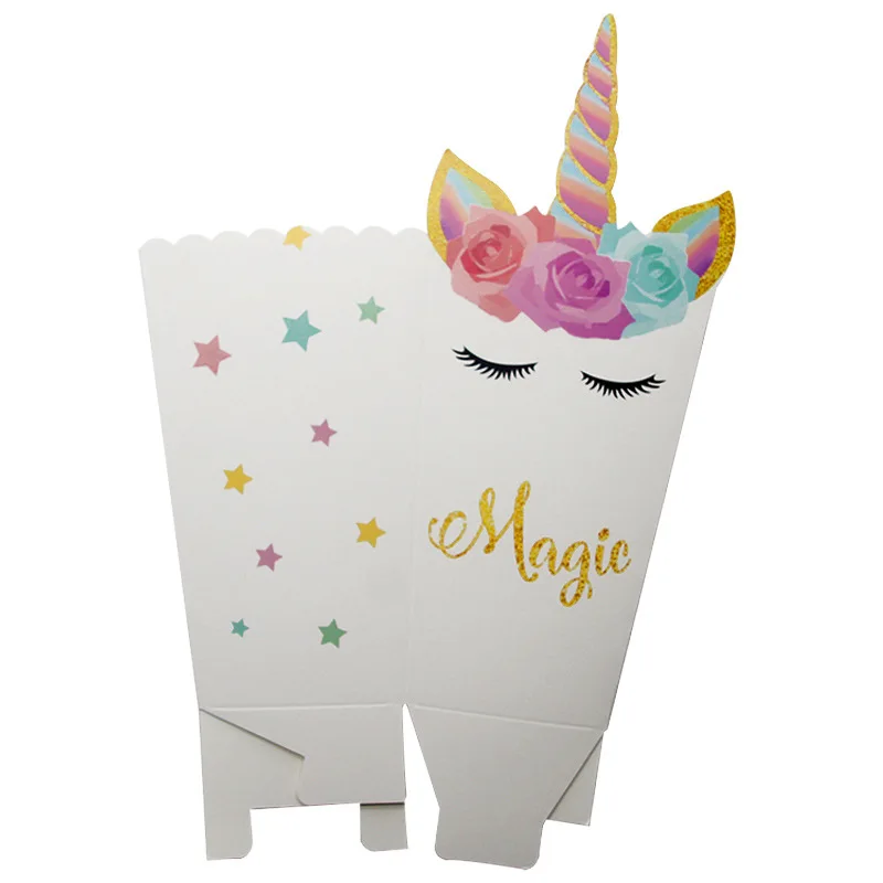 

6pcs Unicorn Carton Box Popcorn Boxes Cardboard Candy Dragee Bags Wedding Birthday Gift Packaging Gift Bags Wrapping Supplies