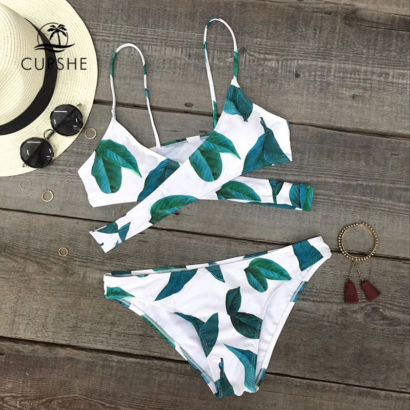 Preise CUPSHE 2020 Mädchen Ausschnitt Strand Badeanzüge Badeanzüge Blätter Drucken Bikini Sets Frauen Ausschnitt Push Up Zwei Stücke Bademode