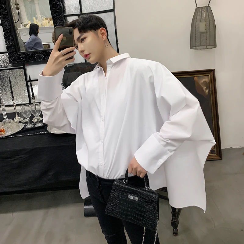 

Men Hip Hop Loose Casual Oversized Loose Bat Long Sleeve Shirts Couple Streetwear Stage Clothes Male Harajuku Dress Shirts