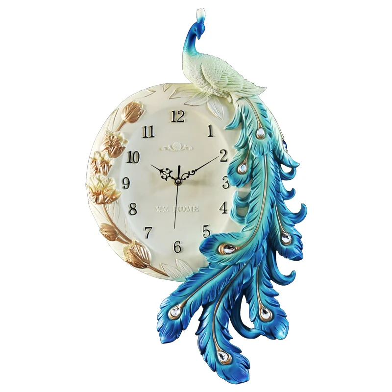 

European Style Elegant Peacock Resin Wall Clock Modern Mute Digital Needle Quartz Clock Watch Diamond Feather Decoration Decor