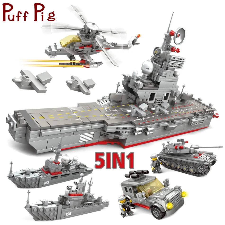 

861PCS 5in1 Aircraft Ship Carrier Model Military Tank Helicopter Navy Soldiers Juguetes Jouet Army ww2 Building Blocks Toys
