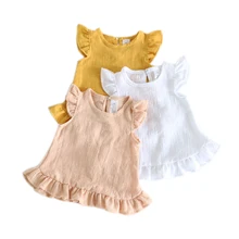 Ruffle Sleeve Summer Girls Blouses Tops Linen Cotton Lace Casual Baby Girl Shirts for Children Kids Clothing Shirts Dress