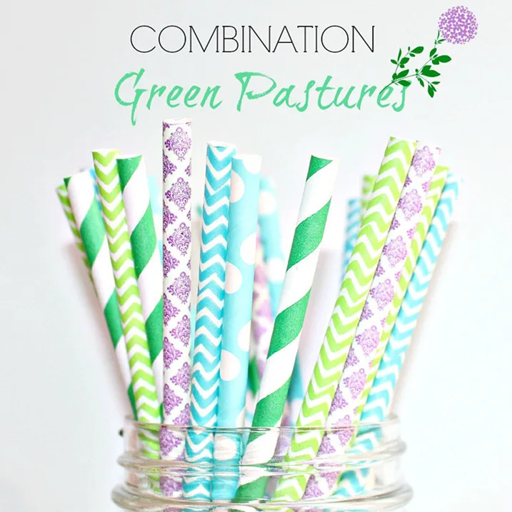 100pcs Mixed Colors Green Pastures Party Paper Straws,lime And Aqua