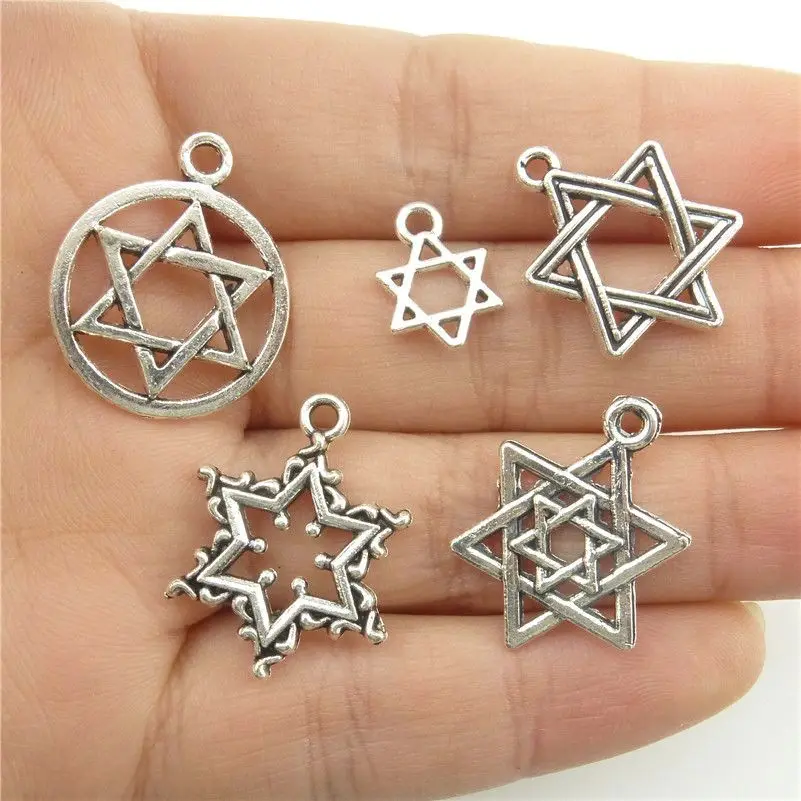 

GLOWCAT B8Q250 Mixed 5pcs/lot Alloy Hexagonal Star of David Judaism Silver Pendant Men Pendant