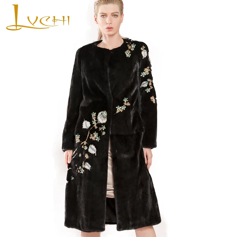 

LVCHI Winter 2019 Real Mink Fur Coats Women's Long Sleeve Slim Beading O-Neck Import Swan Velvet X-Long Office Lady Mink Coats
