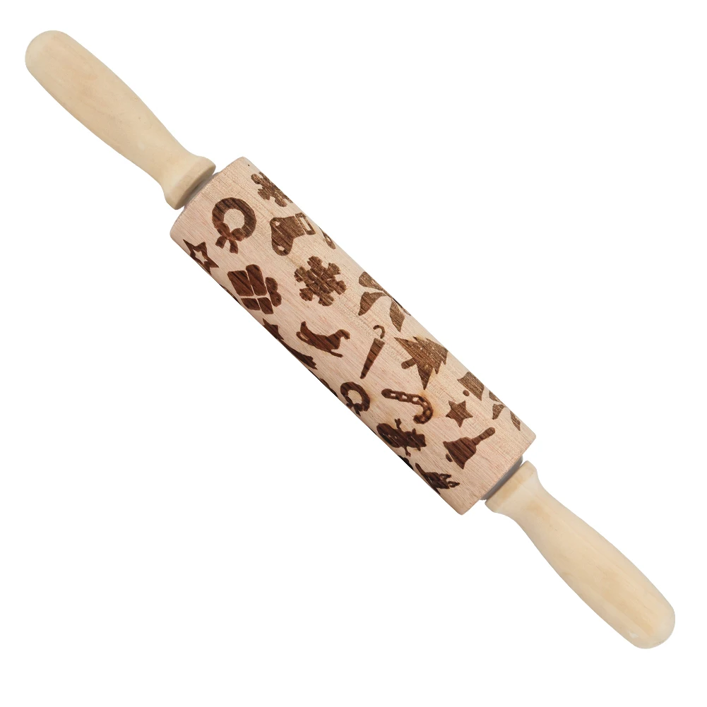 Christmas Deer Pattern Embossing Rolling Pin Wooden For DIY Kitchen Cookies Pizza HTQ99