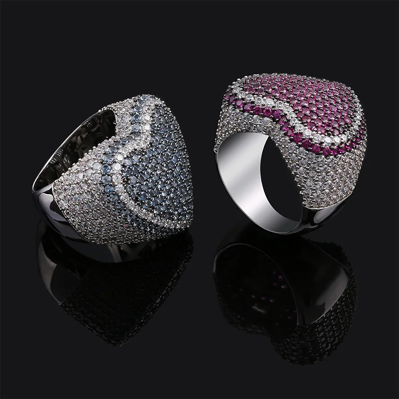 

New Rose Red Blue Colors Hip Hop Punk Iced Out Micro Pave AAA CZ Bling Shiny Women Rings, Heart Ring, Anillos Hombre 5 Size