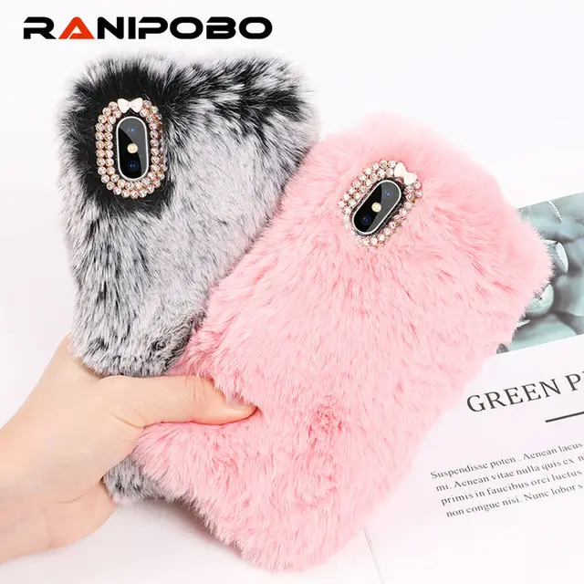 Luxury Warm Rabbit Fur Plush diamond Phone Case For iPhone X 6 6S Plus 7 7Plus 8 Plus Lovely Cute Furry Soft TPU hair Back Cover