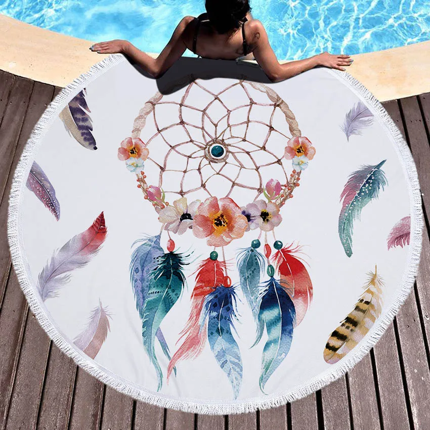 

WHQ 150*150cm Dreamcatcher Deer Elk Print Round Beach Towel Microfiber SHOWER BATH TOWELS Summer Swimming Shawl Yoga Mat Tassel