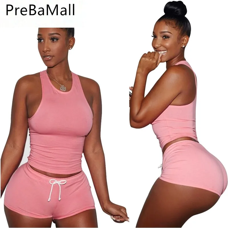 

2019 Casual Solid Two Piece Set Women O-Neck Sleeveless Sexy Tops Short Pants Bodycon Set Sportwear Dropship C123