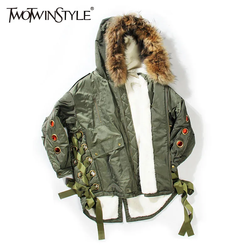 Manteau Twotwinstyle Artificielle Manches Grand Veste Army Taille Fourrure Parka Lacent Haut À D'hiver Femelle De Femmes Grande Vêtements Longues Capuchon Coréen Green EH2D9I