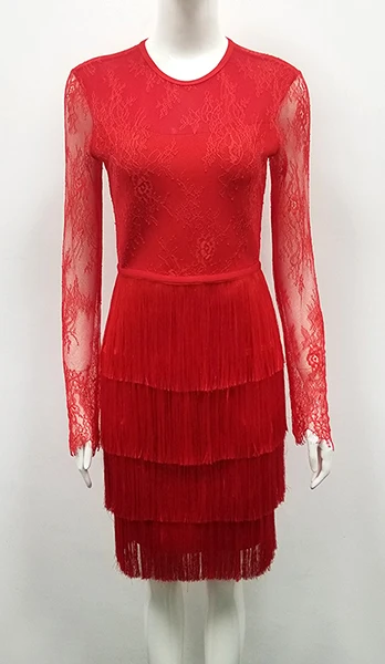 Черное, красное сексуальное кружевное платье с бахромой, новинка весны, женское вечернее платье с длинным рукавом, элегантное мини платье бодикон Vestidos - Цвет: Красный